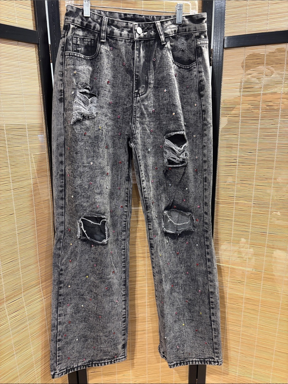 Distressed Black Washed Jeans with Multicolor Studs